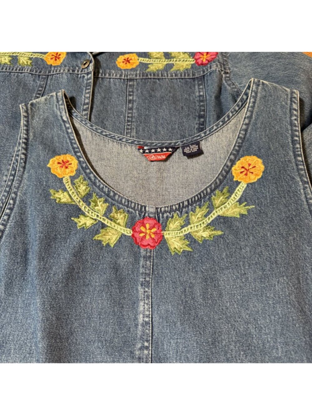 Floral Embroidered Denim Jumper Dress & Button-Up Jacket Set Large Cotton - Picture 4 of 13